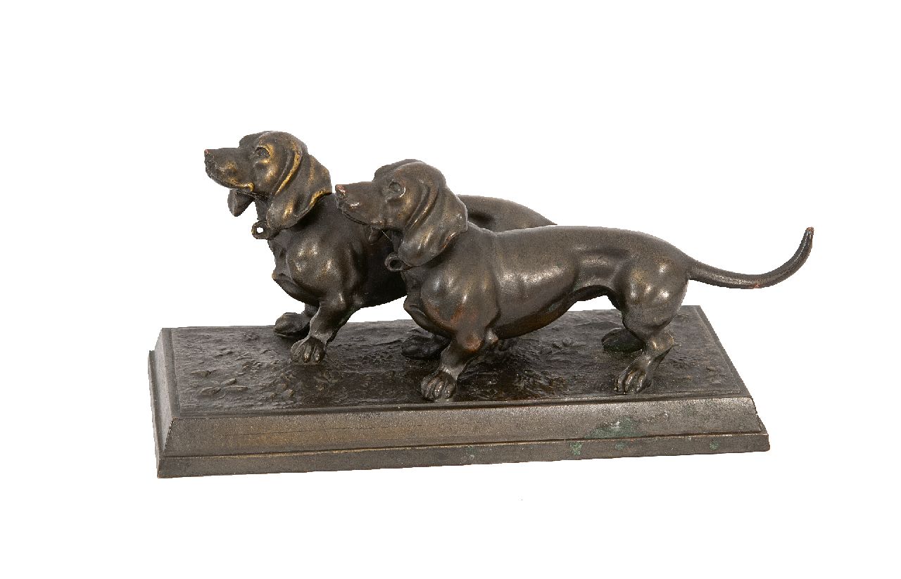 Duitse School (2e helft 19e eeuw)   | Duitse School (2e helft 19e eeuw), Zwei Dackel, Bronze 7,0 x 15,3 cm