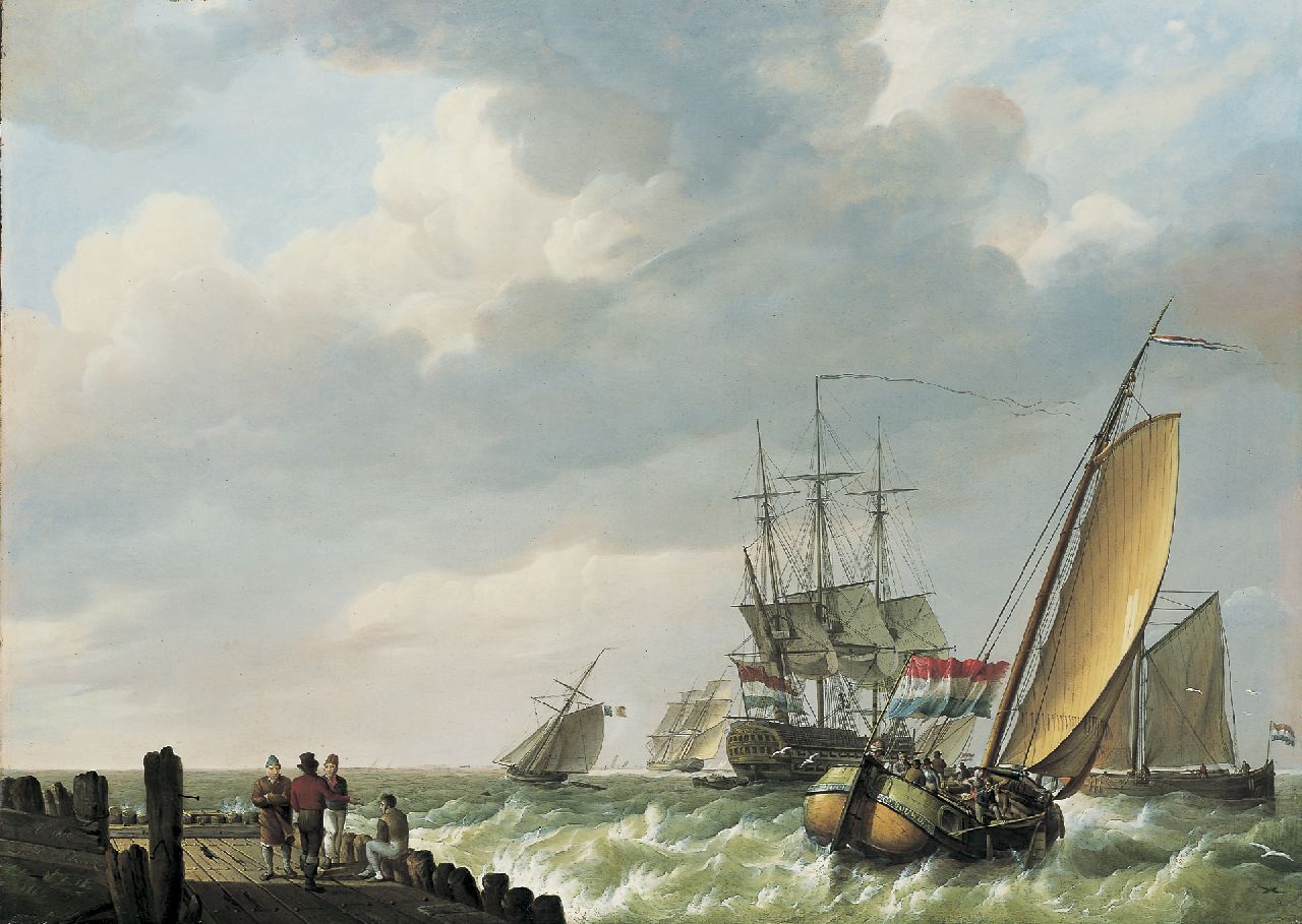 Koekkoek J.H.  | Johannes Hermanus Koekkoek, Shipping in a stiff breeze, Öl auf Holz 44,8 x 62,2 cm, signed l.l. und dated 1810