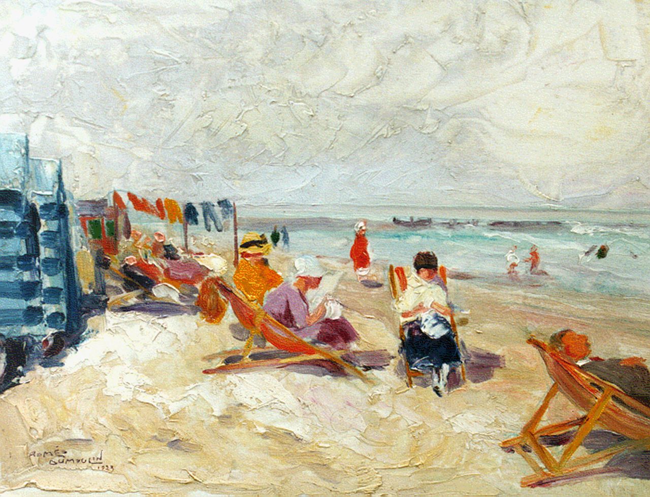 Dumoulin R.  | Roméo Dumoulin, Figures on the beach, Öl auf Holz 26,8 x 35,0 cm, signed l.l. und dated 1923