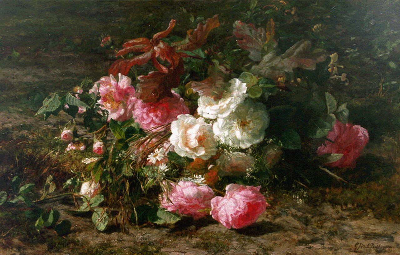 Sande Bakhuyzen G.J. van de | 'Gerardine' Jacoba van de Sande Bakhuyzen, A bouquet of roses on a forest-path, Öl auf Leinwand 49,3 x 77,0 cm, signed l.r.