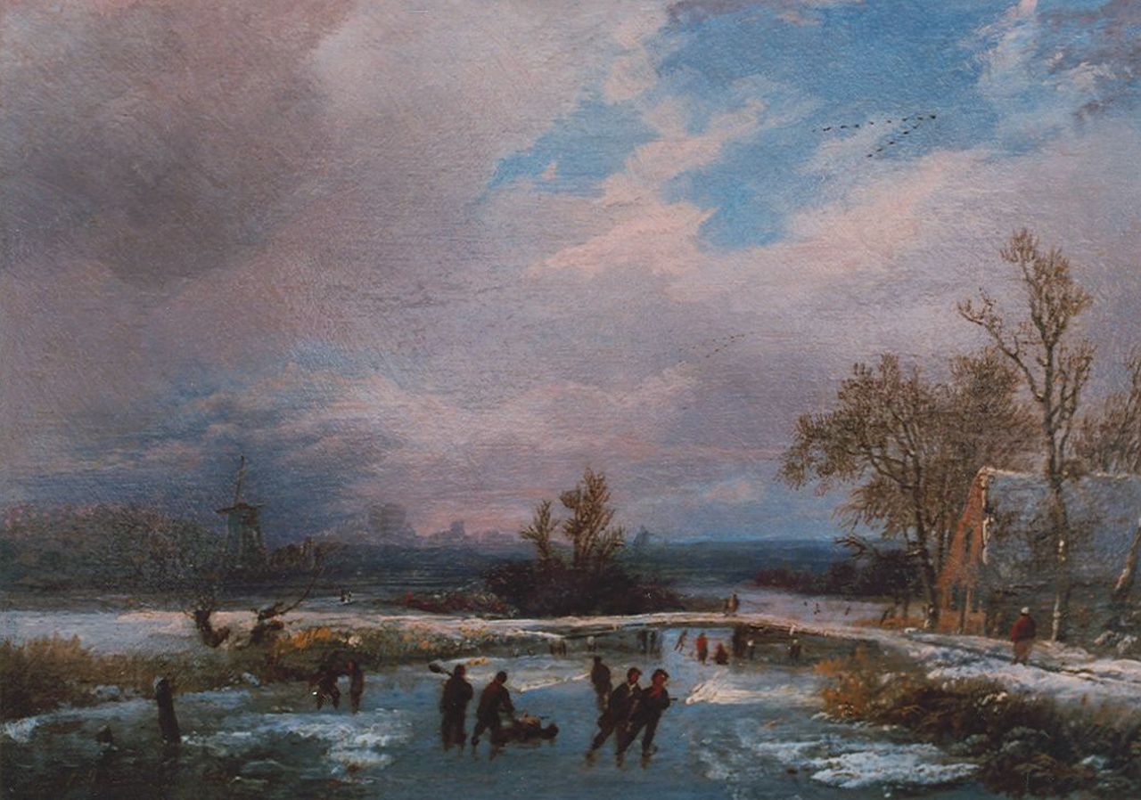 Koekkoek I M.A.  | Marinus Adrianus Koekkoek I, Skaters on a frozen river, Öl auf Holz 17,2 x 26,0 cm, signed l.l.