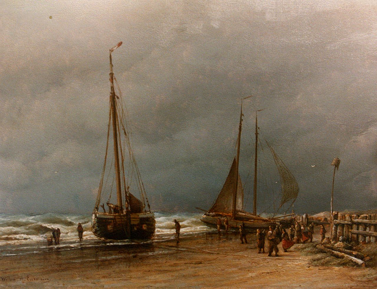 Eickelberg W.H.  | Willem Hendrik Eickelberg, Flatboats on the beach, Öl auf Holz 31,3 x 41,0 cm, signed l.l.