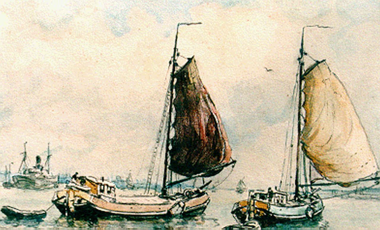 Moll E.  | Evert Moll, Flatboats in a calm, Gemischte Technik auf Papier 14,5 x 20,0 cm, signed l.l.