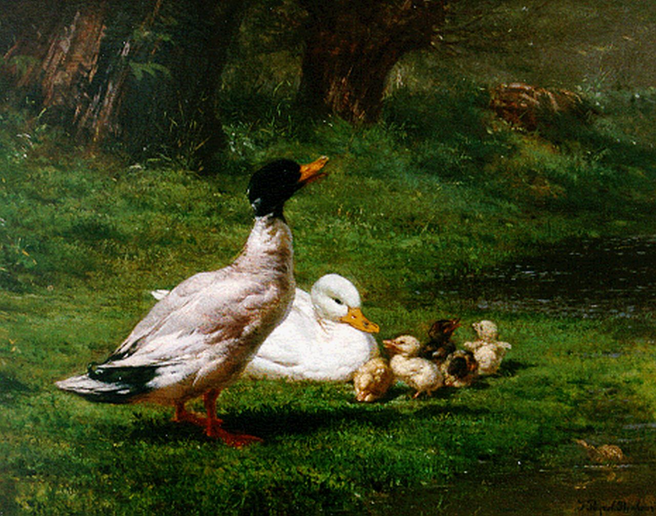 Juliette Peyrol-Bonheur | A duck family, Öl auf Leinwand, 32,5 x 40,7 cm, signed l.r. und dated 1859