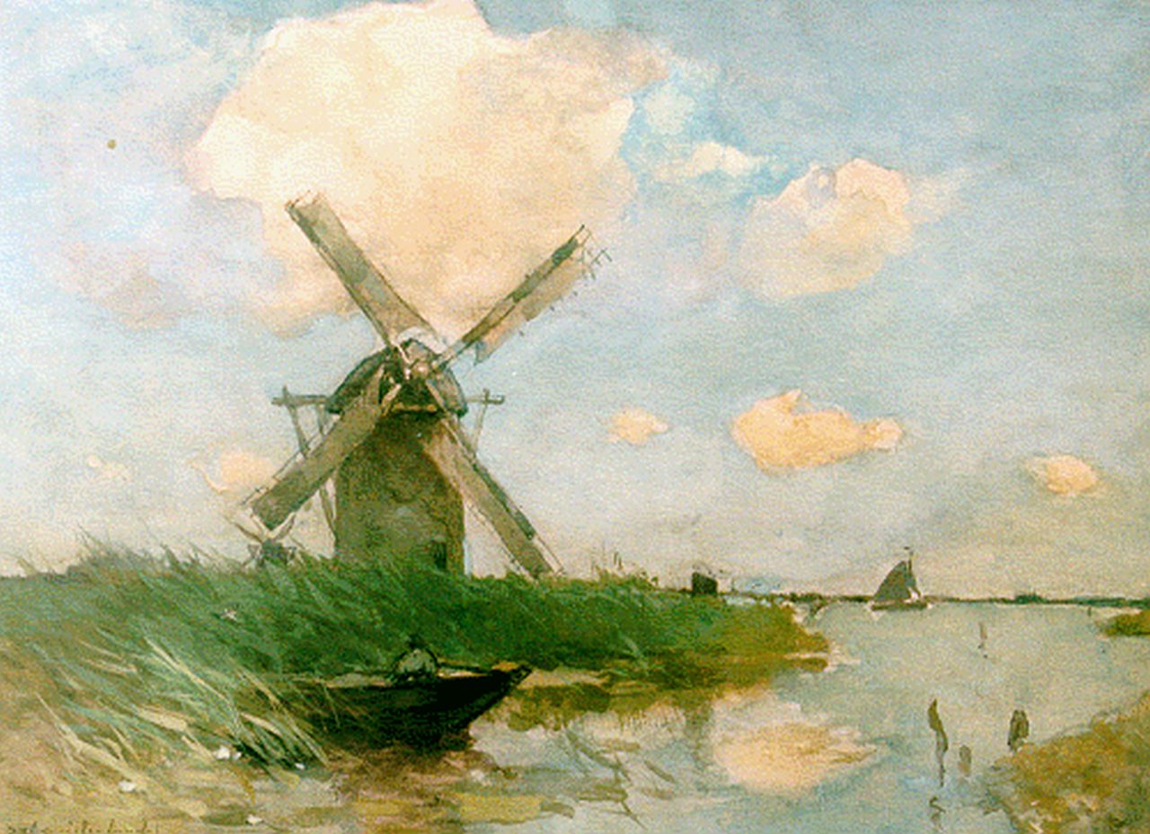 Weissenbruch H.J.  | Hendrik Johannes 'J.H.' Weissenbruch, A windmill in a polder landscape, Aquarell und Gouache auf Papier 39,7 x 54,7 cm, signed l.l.