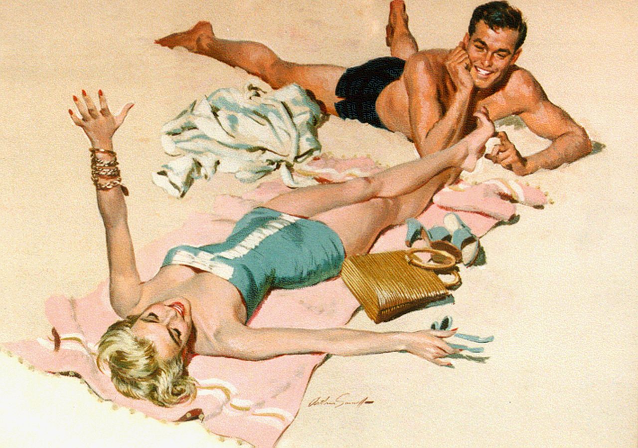 Sarnoff A.  | Arthur Sarnoff, Sunbathing, Gouache auf Papier 41,5 x 56,0 cm, signed l.c.
