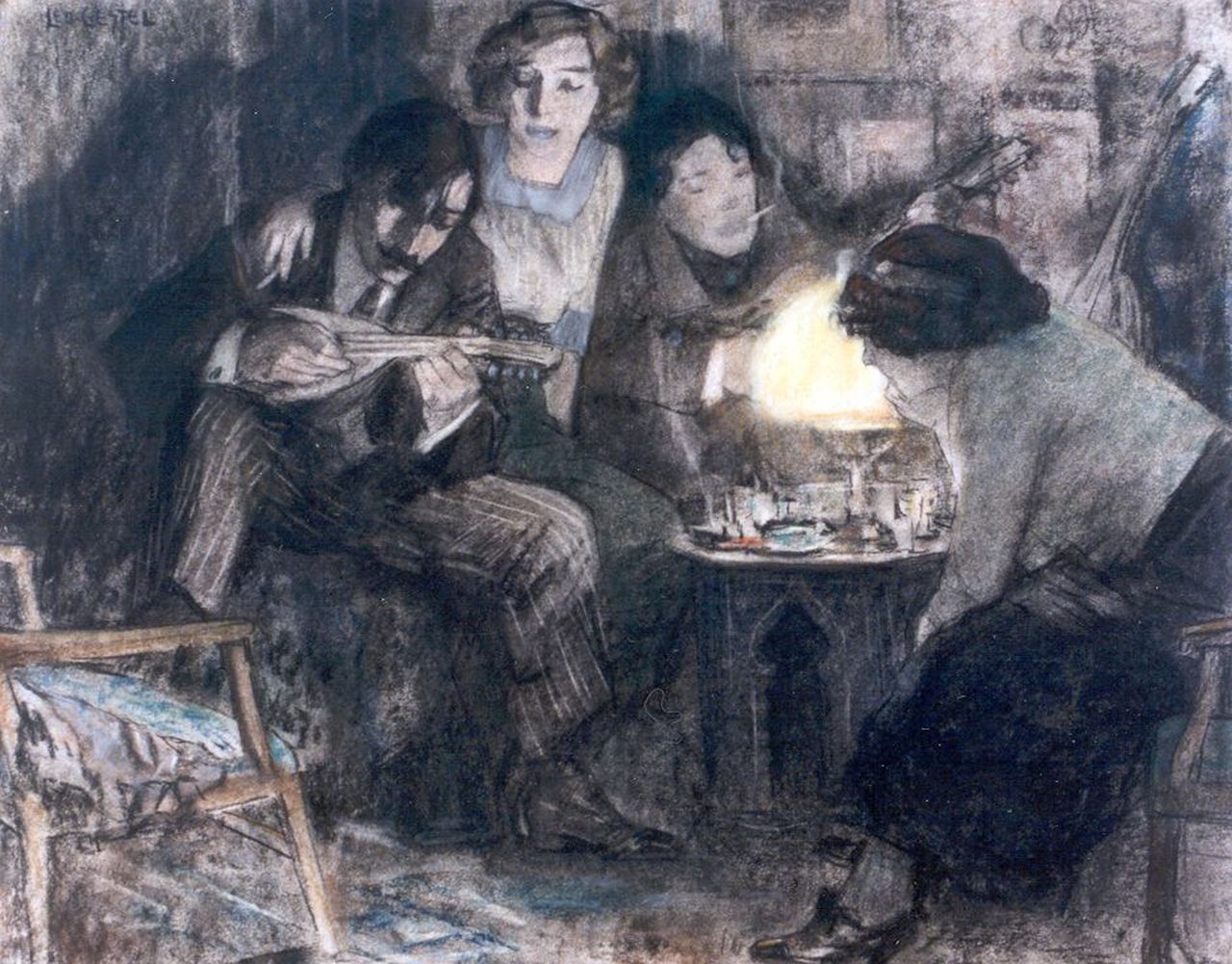 Gestel L.  | Leendert 'Leo' Gestel, Having a party at the Boendermaker's house, Pastell auf Papier 37,0 x 46,2 cm, signed u.l. und dated 1910