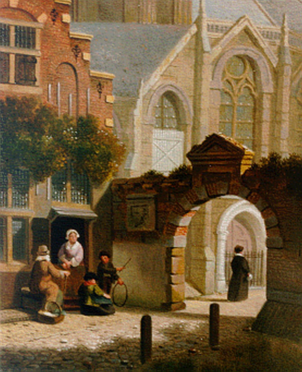 Verheijen J.H.  | Jan Hendrik Verheijen, Figures in a Dutch town, Öl auf Holz 15,7 x 12,8 cm, signed l.r.