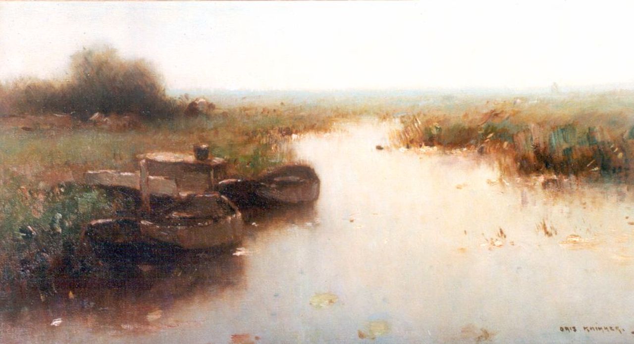 Knikker A.  | Aris Knikker, Moored barges in a polder landscape, Öl auf Leinwand 25,0 x 45,2 cm, signed l.r.