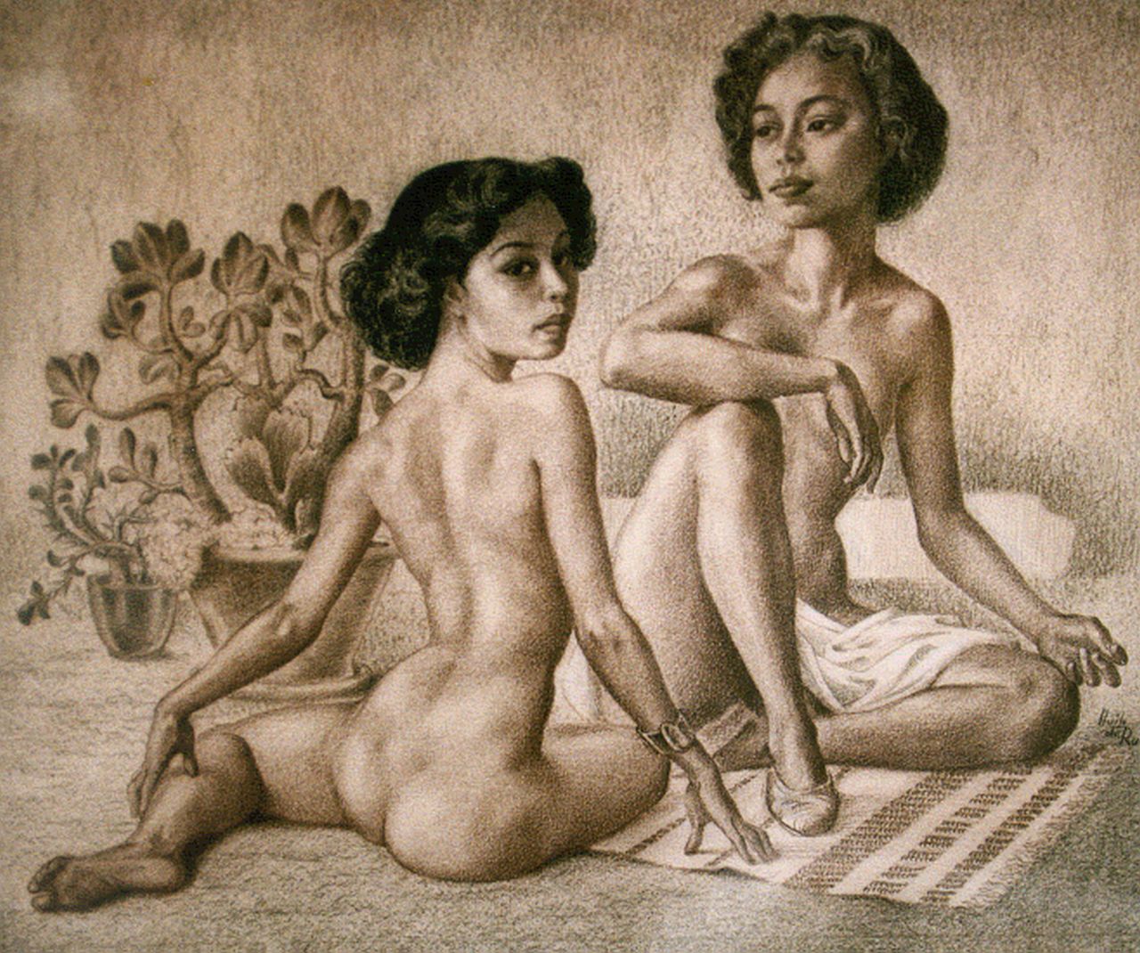 Ru H.B.W. de | Huibert Bernardus Wilhelmus 'Huib' de Ru, Two Oriental nudes, Bleistift auf Papier 34,5 x 41,0 cm, signed l.r.