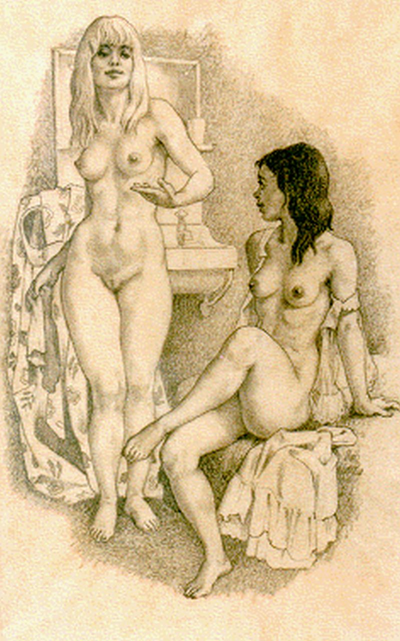 Ru H.B.W. de | Huibert Bernardus Wilhelmus 'Huib' de Ru, A seated and standing nude, Bleistift auf Papier 24,0 x 16,5 cm, signed l.r.