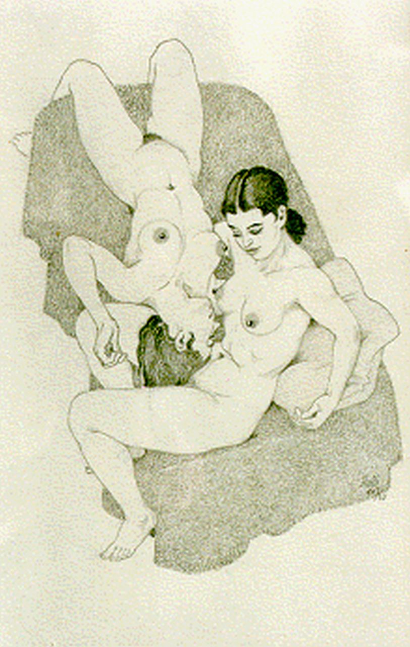 Ru H.B.W. de | Huibert Bernardus Wilhelmus 'Huib' de Ru, A seated and reclining nude, Bleistift auf Papier 25,5 x 17,0 cm, signed l.r.