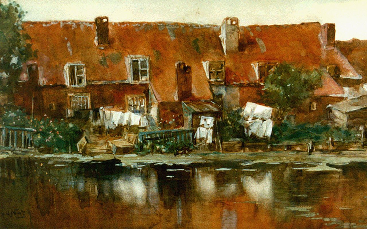 Nat W.H. van der | 'Willem' Hendrik van der Nat, Houses along a waterway, Aquarell auf Papier 30,6 x 48,1 cm, signed l.l.
