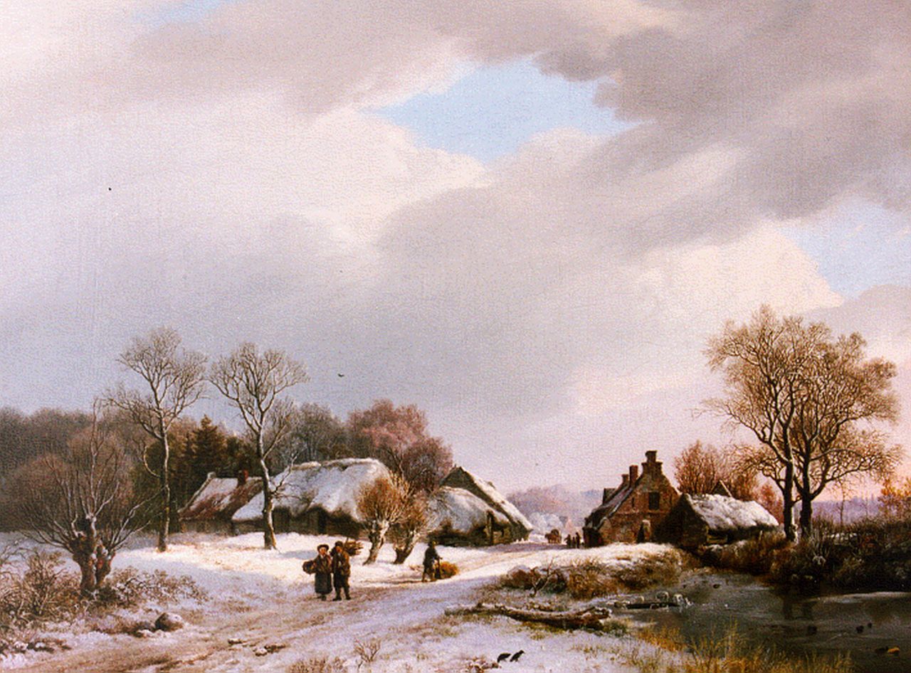 Koekkoek B.C.  | Barend Cornelis Koekkoek, Eine Winterlandschaft mit Reisenden auf einem Weg, Öl auf Leinwand 36,0 x 47,2 cm, Unterzeichnet r.u. und datiert 1827