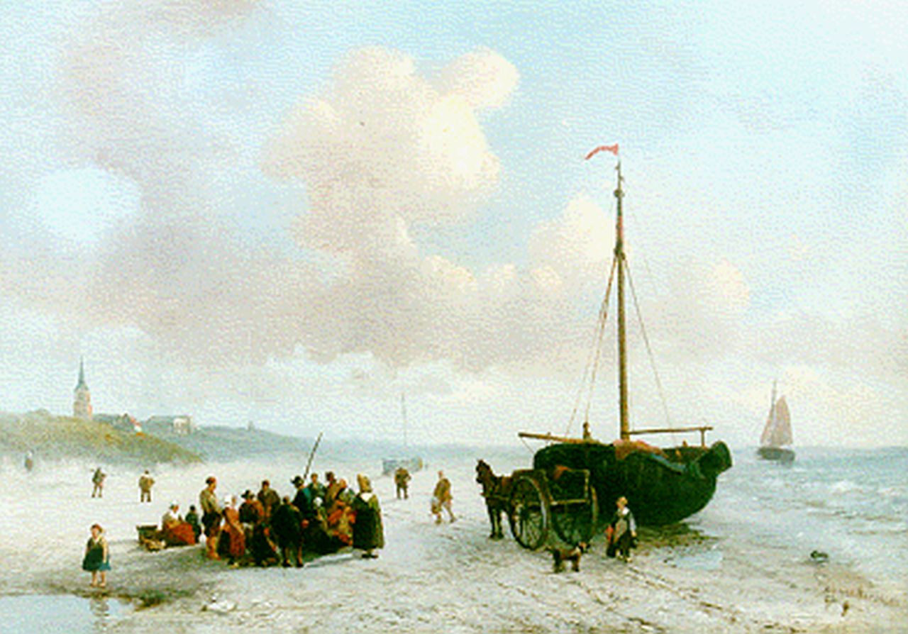 Adrianus Petrus Hendrikus Wilbers | Fishermen on the beach of Scheveningen, Öl auf Holz, 29,4 x 41,3 cm, signed l.r. und dated '52