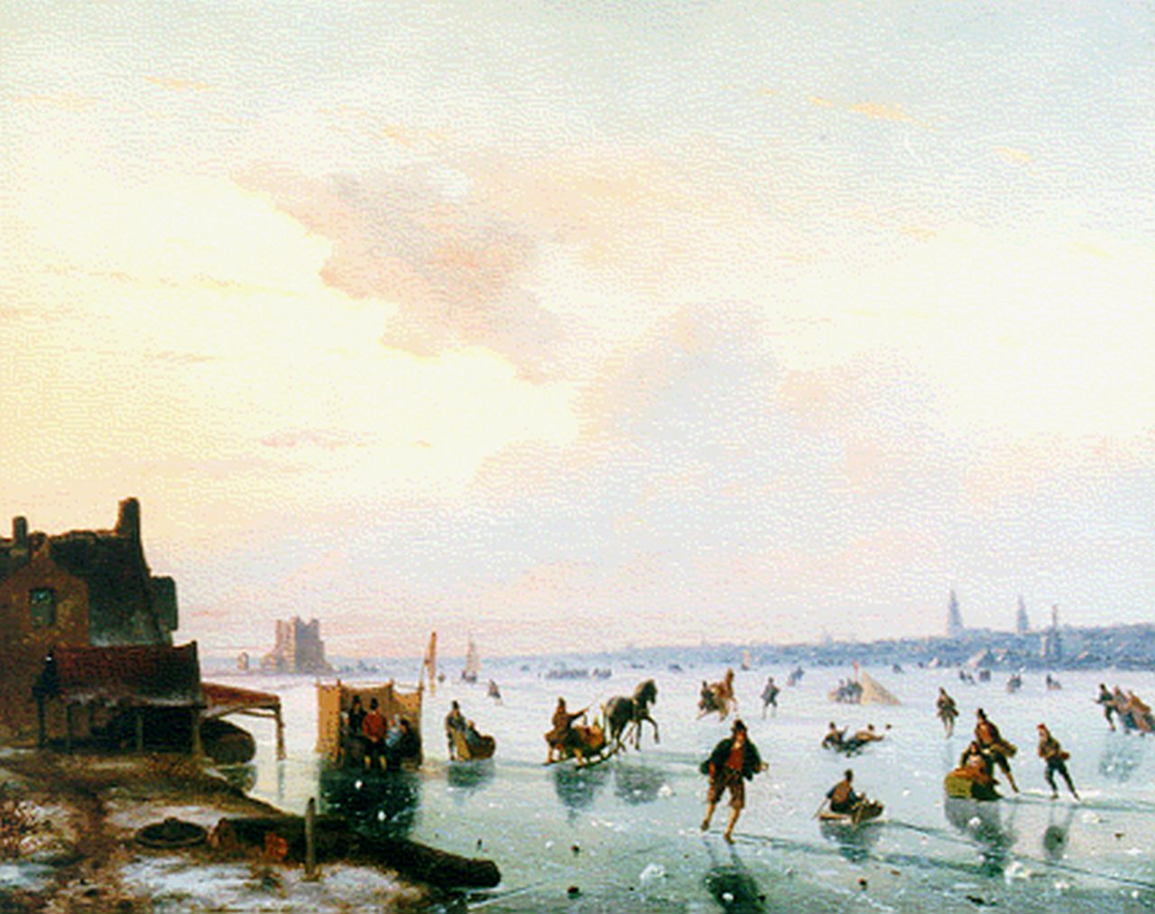 Roosenboom N.J.  | Nicolaas Johannes Roosenboom, A frozen waterway with skaters, Öl auf Holz 36,5 x 46,7 cm, signed l.r.