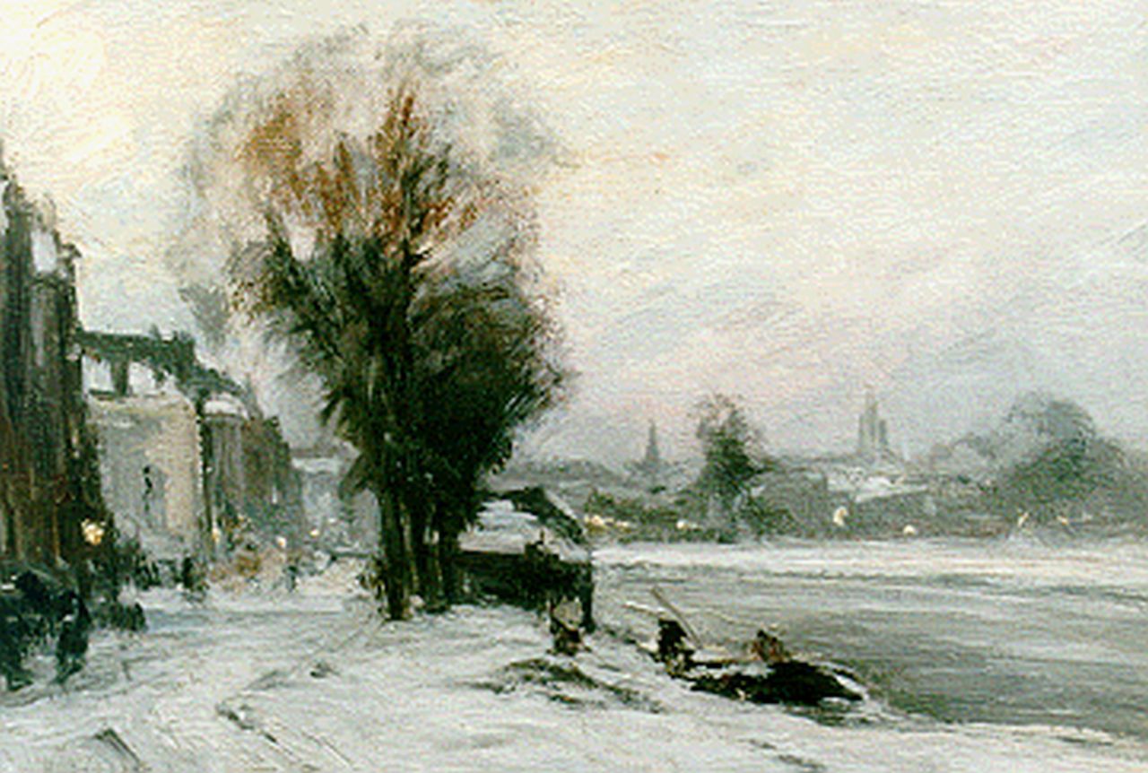 Apol L.F.H.  | Lodewijk Franciscus Hendrik 'Louis' Apol, A snow-covered quay, Öl auf Leinwand 21,2 x 30,3 cm, signed l.l.