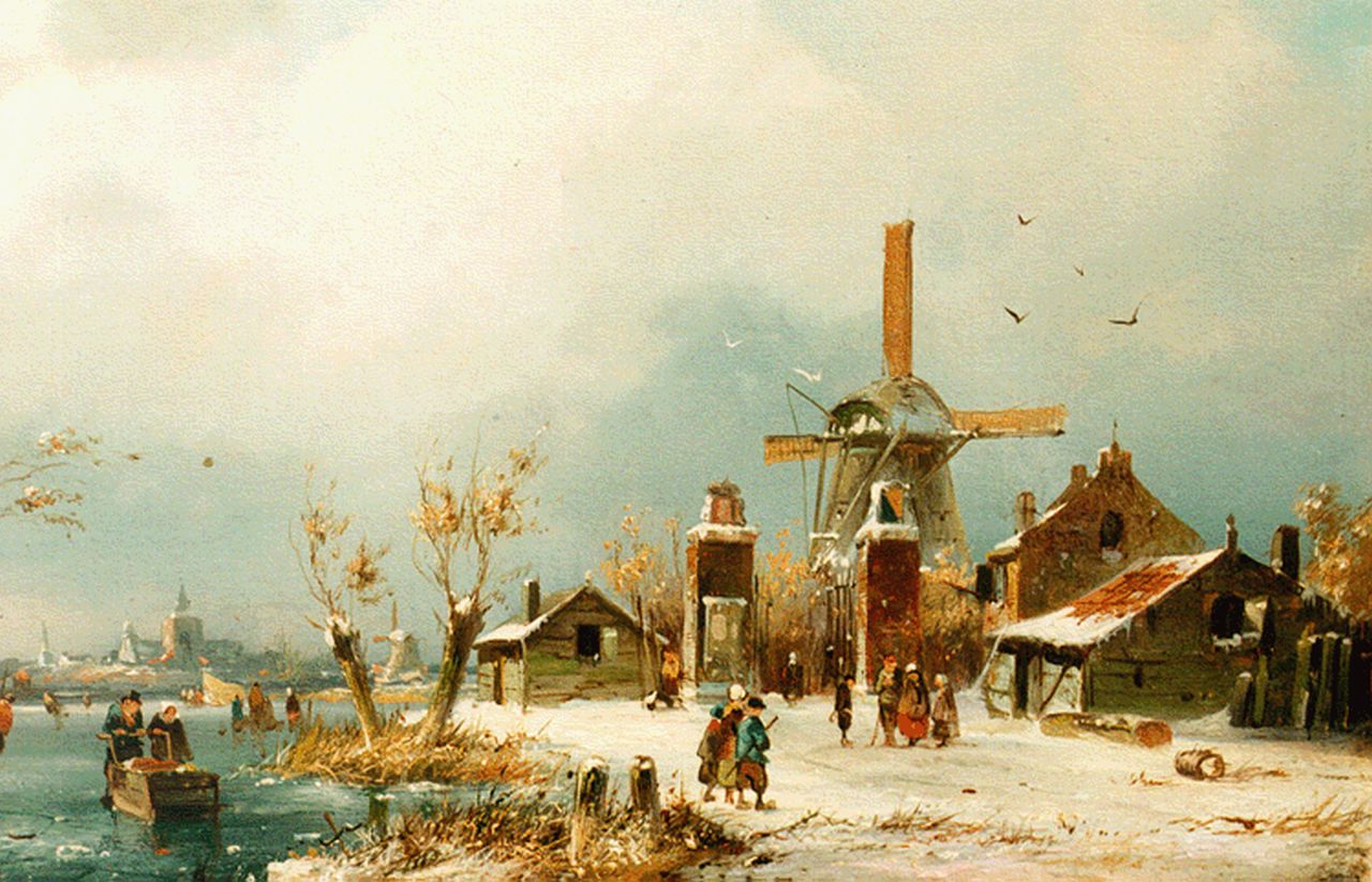 Hilleveld A.D.  | Adrianus David Hilleveld, A winter landscape, with a windmill in the distance, Öl auf Holz 17,8 x 28,8 cm, signed l.l. und dated 1861
