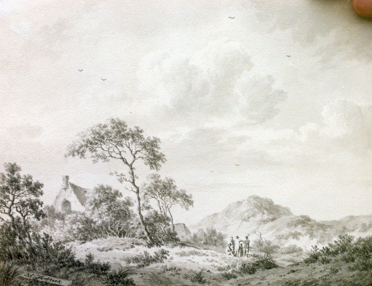 Koekkoek B.C.  | Barend Cornelis Koekkoek, Hunters in a hilly landscape, Sepia auf Papier 14,5 x 19,0 cm, signed l.l.