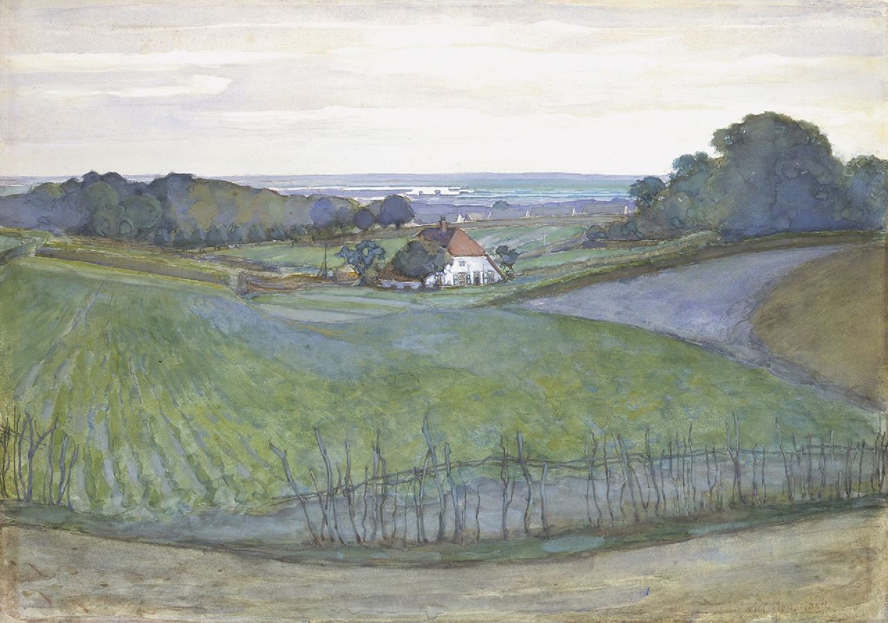 Mondriaan P.C.  | Pieter Cornelis 'Piet' Mondriaan, A farm in a landscape, with Arnhem in the distance, Aquarell und Gouache auf Papier 46,0 x 65,0 cm, signed l.r. und zu datieren ca. 1901