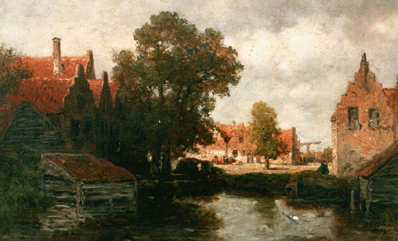 Roelofs W.  | Willem Roelofs, Houses along a waterway, Öl auf Holz 33,4 x 48,2 cm, signed l.r.