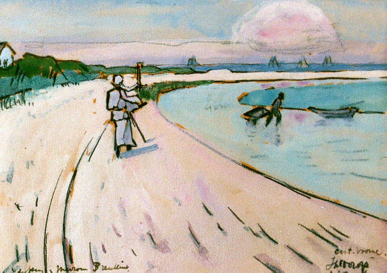 Toorop J.Th.  | Johannes Theodorus 'Jan' Toorop, Walking along the beach, Oostvoorne, Aquarell auf Papier 11,0 x 15,0 cm, Unterzeichnet r.u. und datiert 1916
