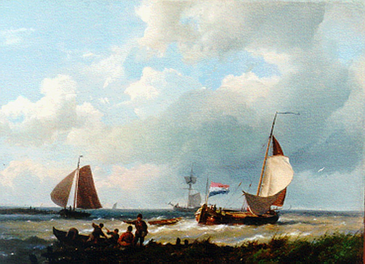 Koekkoek H.  | Hermanus Koekkoek, Vessel by a jetty, Öl auf Leinwand auf Holz 26,3 x 36,0 cm, signed l.l.