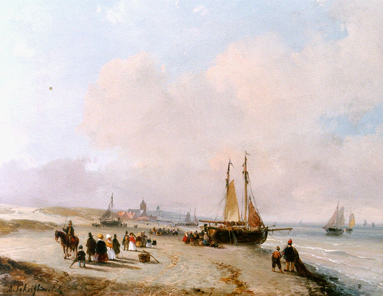 Schelfhout A.  | Andreas Schelfhout, An elegant company and fisher folk on the beach of Scheveningen, Öl auf Tafel 18,4 x 23,0 cm, signed l.l. und painted circa 1855