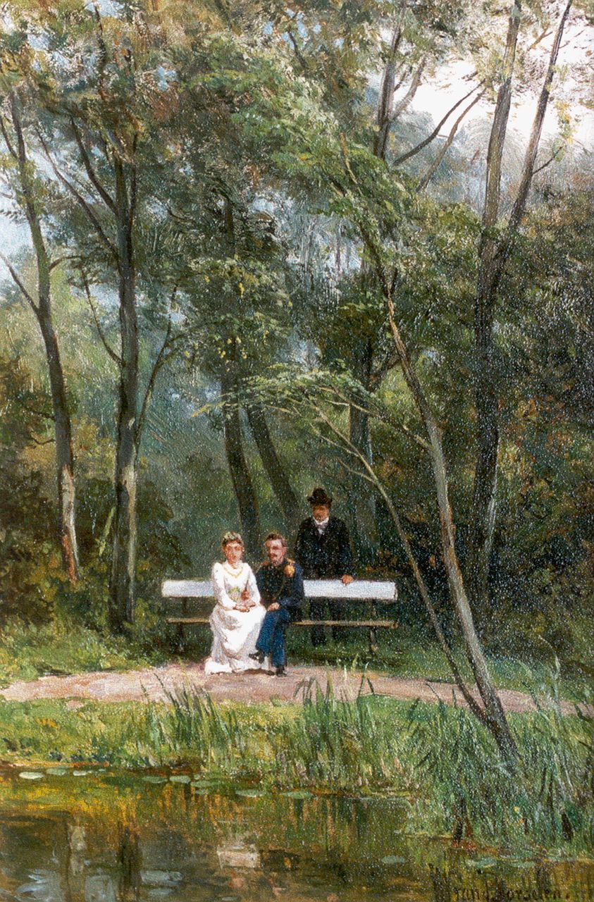 Borselen J.W. van | Jan Willem van Borselen, An elegant couple in a park, Öl auf Holz 35,8 x 24,5 cm, signed l.r.