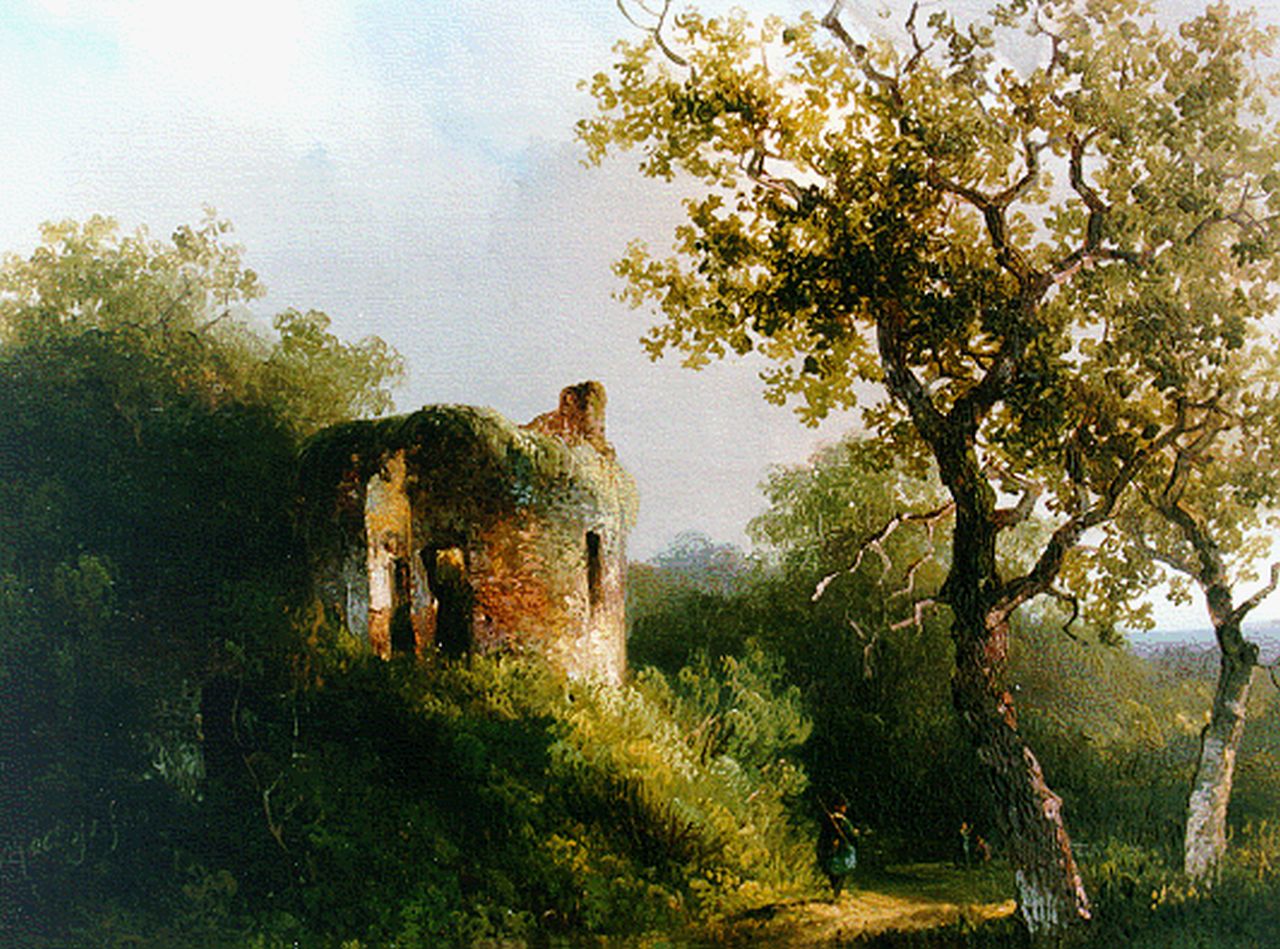 Roelofs W.  | Willem Roelofs, A ruin in a wooded landscape, Öl auf Holz 19,6 x 24,7 cm, signed l.l. und dated 1940