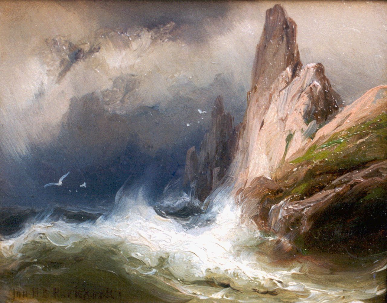 Koekkoek J.H.B.  | Johannes Hermanus Barend 'Jan H.B.' Koekkoek, A rocky coastal scene, Öl auf Holz 9,4 x 12,0 cm, signed l.l.