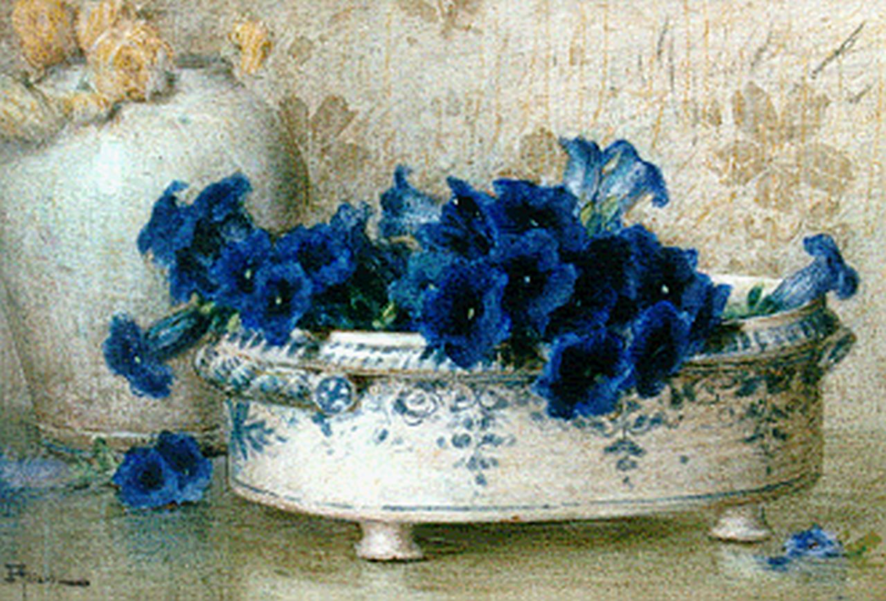 Filliard E.  | Ernest Filliard, Gentians in a bowl, Aquarell auf Papier 28,5 x 41,5 cm, signed l.l.