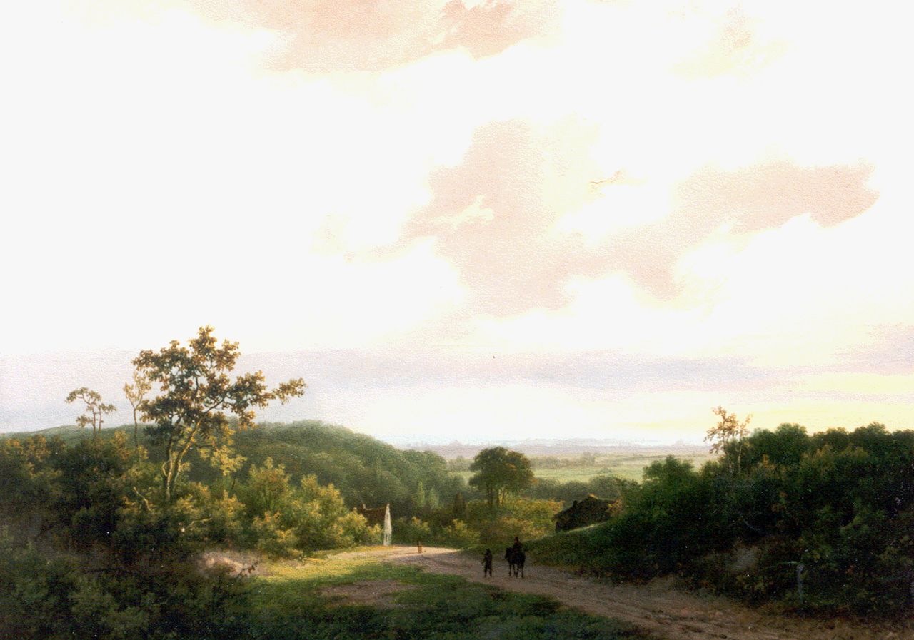 Koekkoek I M.A.  | Marinus Adrianus Koekkoek I, Travellers in a panoramic landscape, Öl auf Holz 24,7 x 32,7 cm, signed l.r. und dated 1848