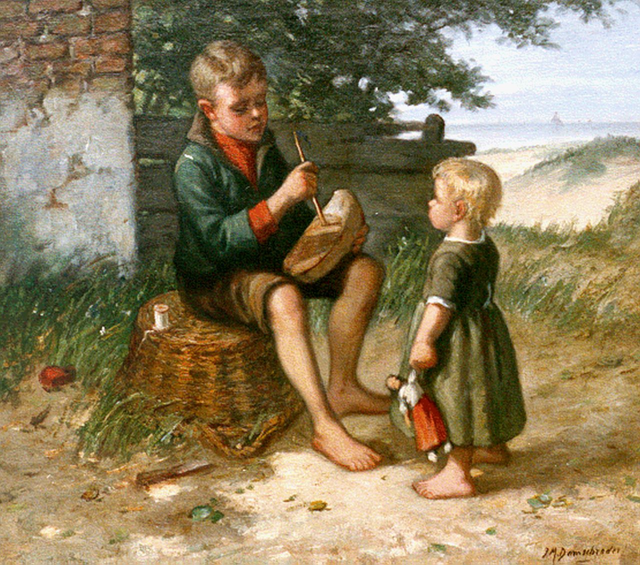 Damschreuder J.J.M.  | Jan Jacobus Matthijs Damschreuder, Jongen maakt zeilklompje voor zijn zusje, Öl auf Leinwand 35,4 x 40,4 cm, gesigneerd rechtsonder