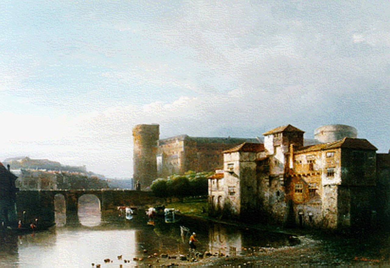 Karsen K.  | Kasparus Karsen, Stad met kasteel aan de rivier, Öl auf Holz 37,5 x 53,7 cm, gesigneerd rechtsonder