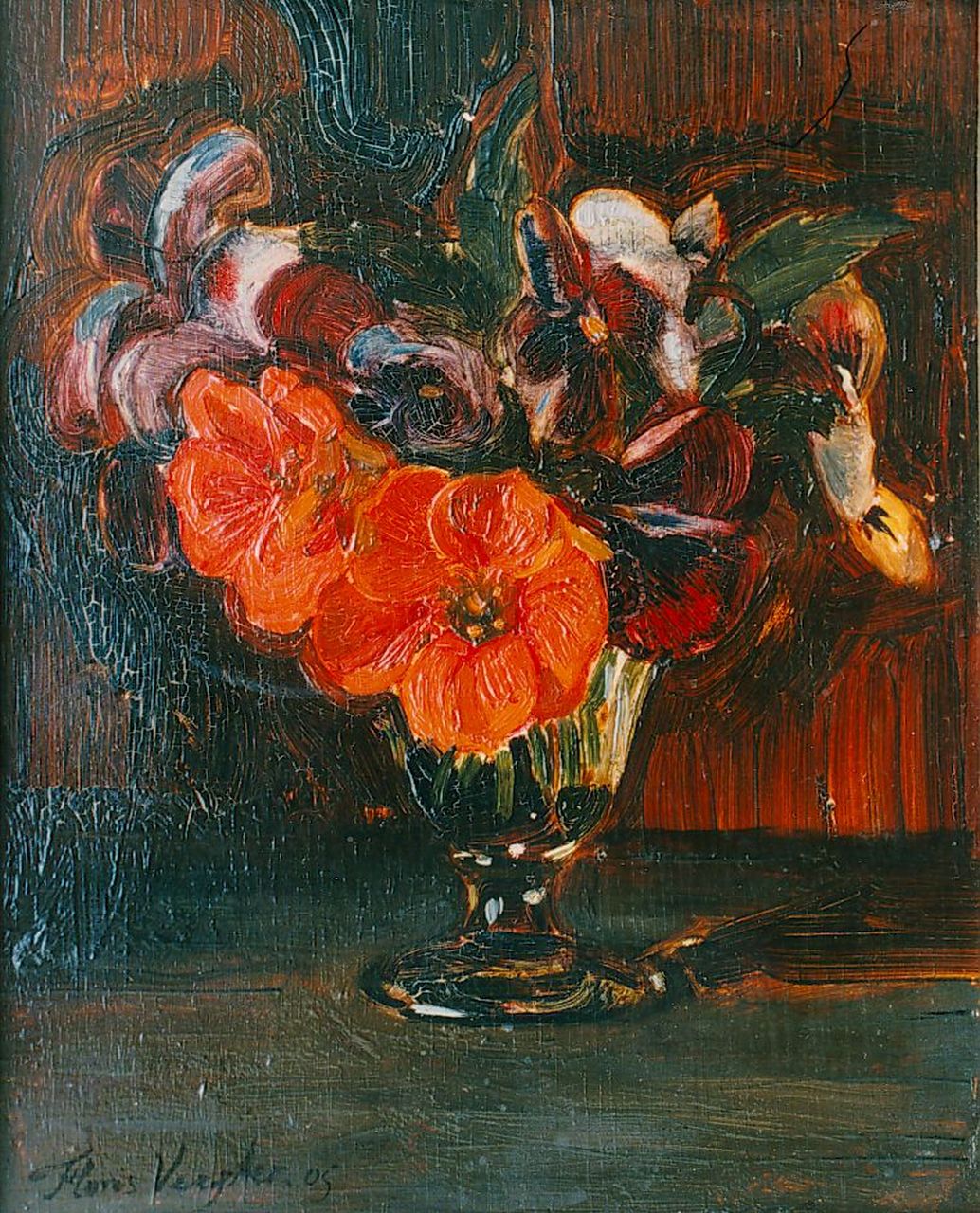 Verster van Wulverhorst (Floris Verster) F.H.  | Floris Hendrik Verster van Wulverhorst (Floris Verster), A flower still life, Öl auf Holz 22,0 x 18,0 cm, signed l.l. und dated '05