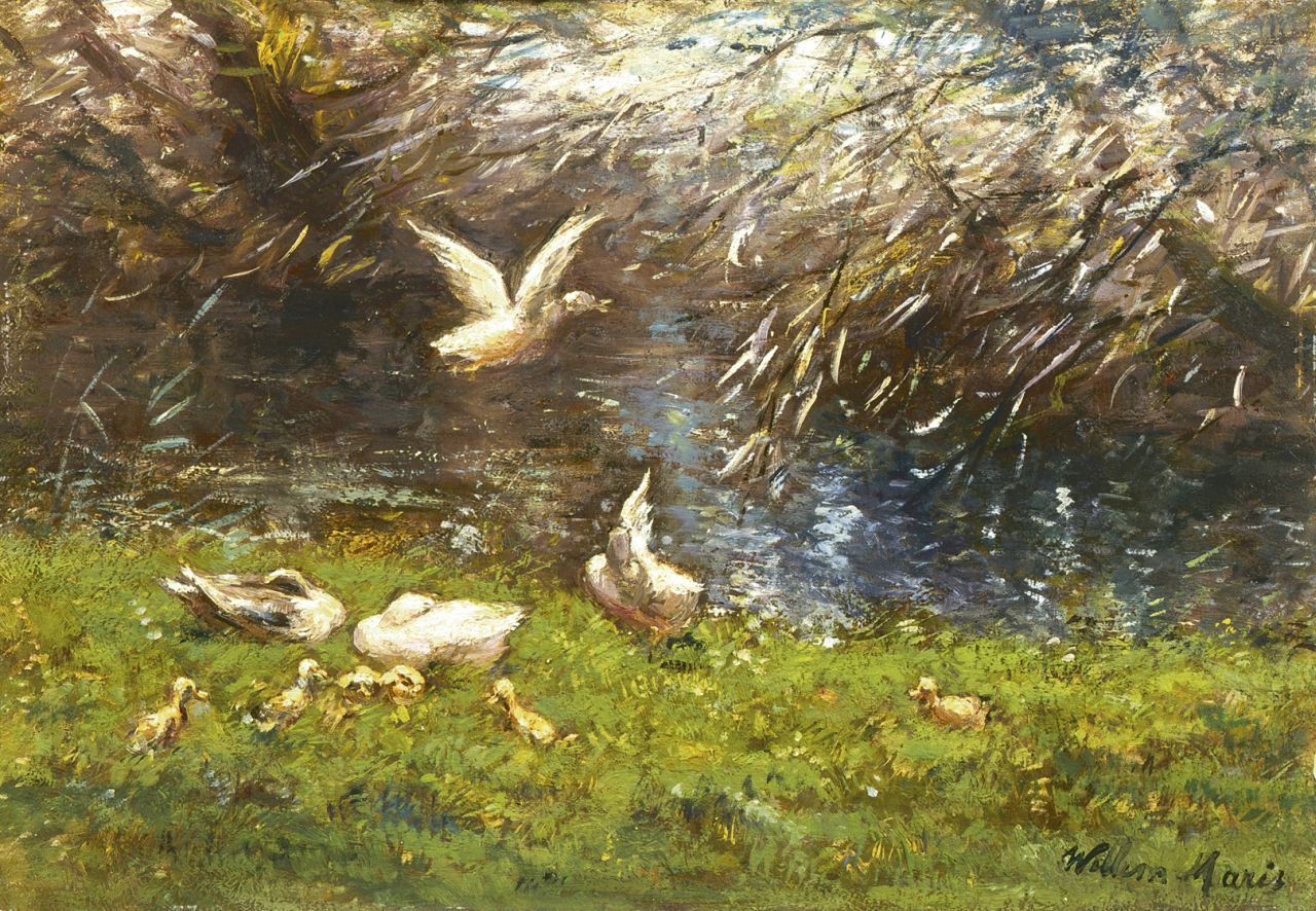 Maris W.  | Willem Maris, Ducks on the riverbank, Öl auf Holz 20,0 x 28,5 cm, signed l.r.