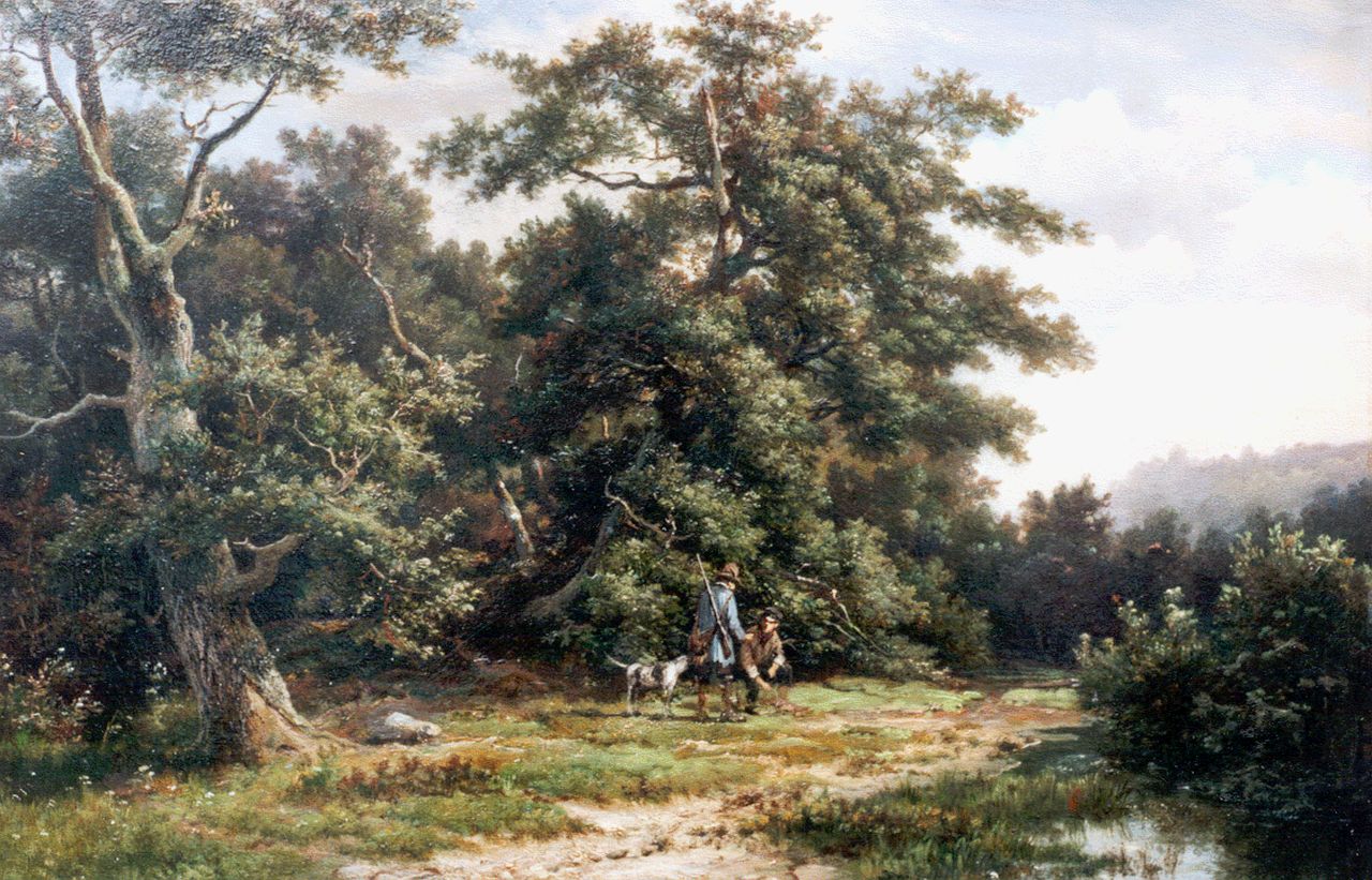 Koekkoek H.  | Hermanus Koekkoek, Hunters on a path, Öl auf Holz 28,7 x 43,8 cm, signed l.c.