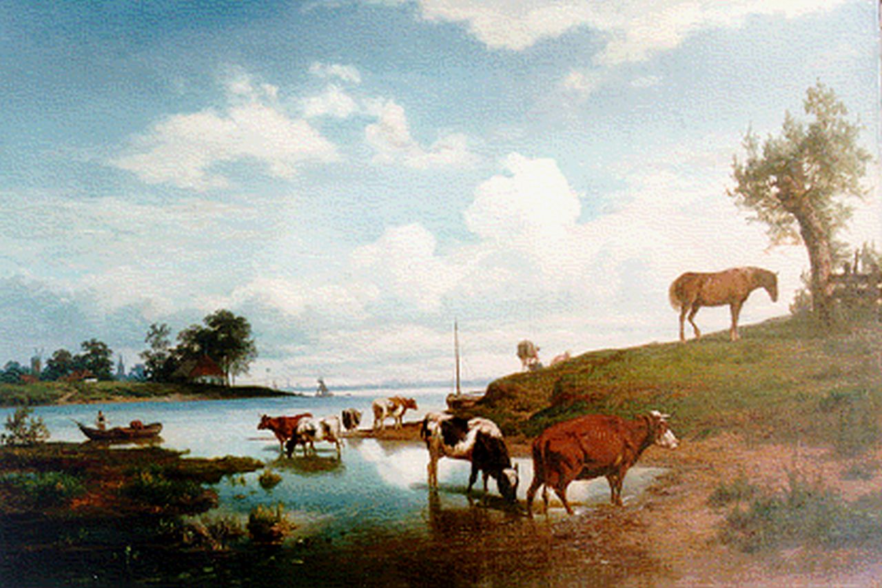 Lot H.  | Hendrik Lot, A river landscape with cattle watering, Öl auf Leinwand 58,0 x 84,0 cm, signed l.r.