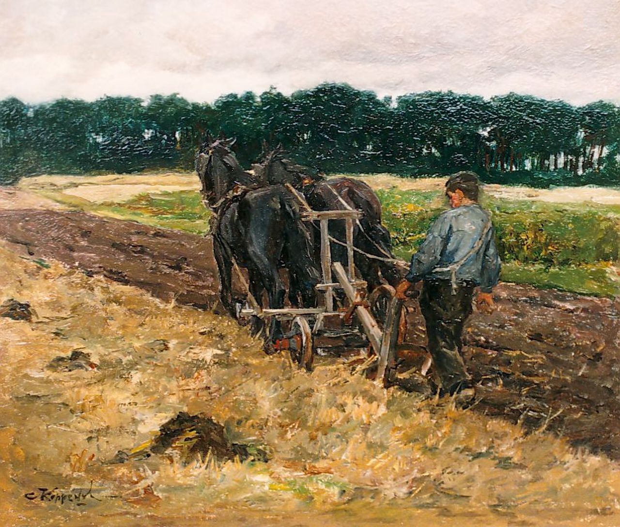 Koppenol C.  | Cornelis 'Kees' Koppenol, A farmer ploughing the fields, Öl auf Holz 24,2 x 28,2 cm, signed l.l.