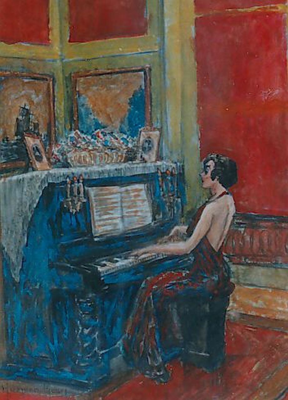 Meurs H.H.  | 'Harmen' Hermanus Meurs, Elegant lady playing the piano, Aquarell auf Papier 26,0 x 19,0 cm, signed l.l.