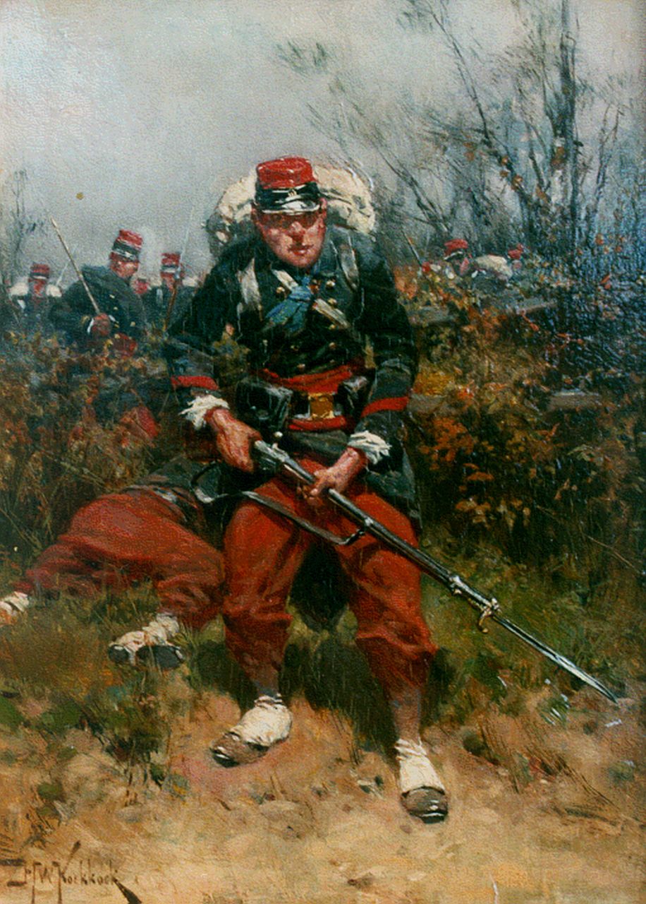 Koekkoek H.W.  | Hermanus Willem Koekkoek, French foot soldiers on the battlefield, Öl auf Holz 21,7 x 15,9 cm, signed l.l.
