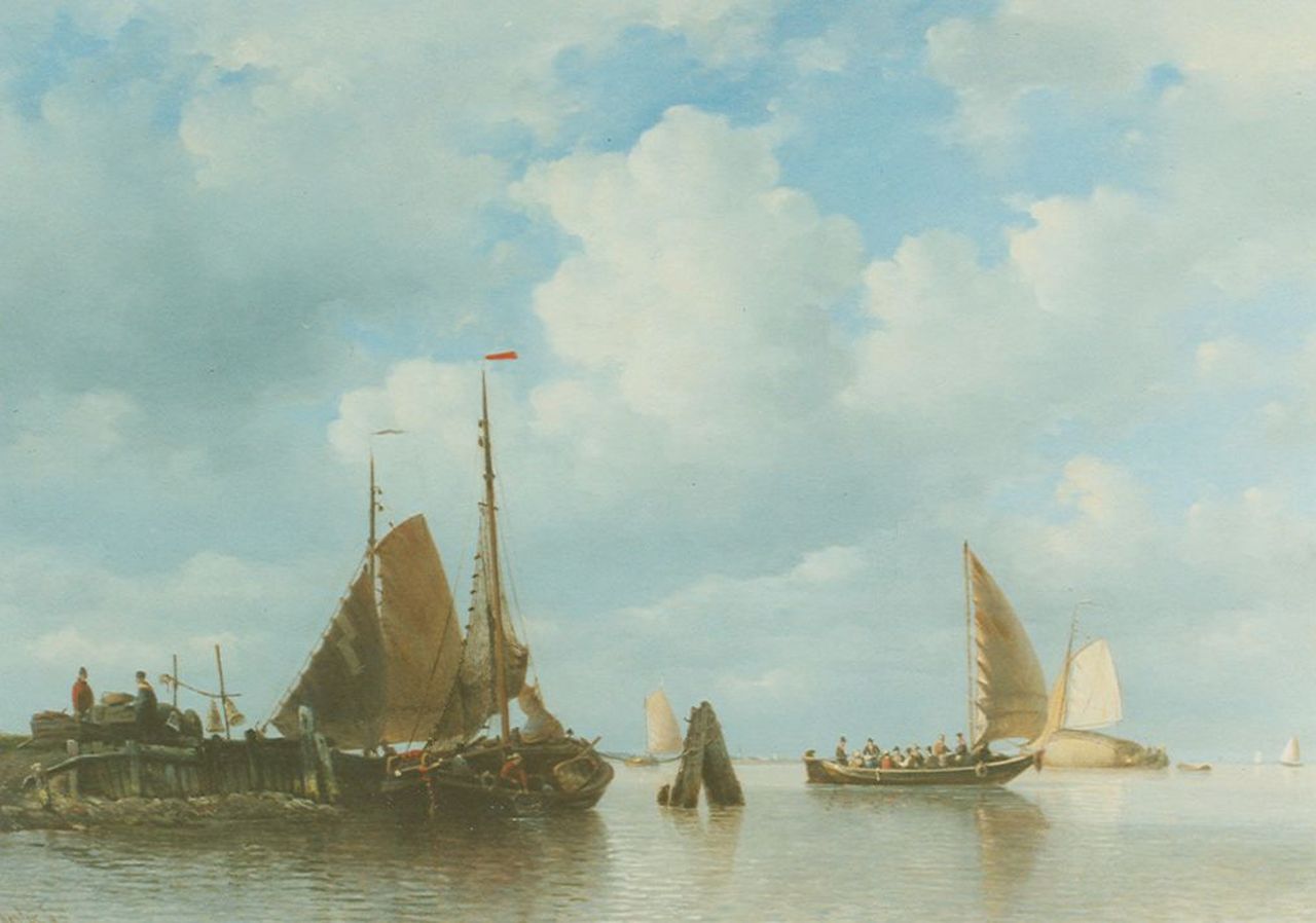 Koster E.  | Everhardus Koster, A Dutch barge departing, Öl auf Holz 52,3 x 72,8 cm, signed l.l.