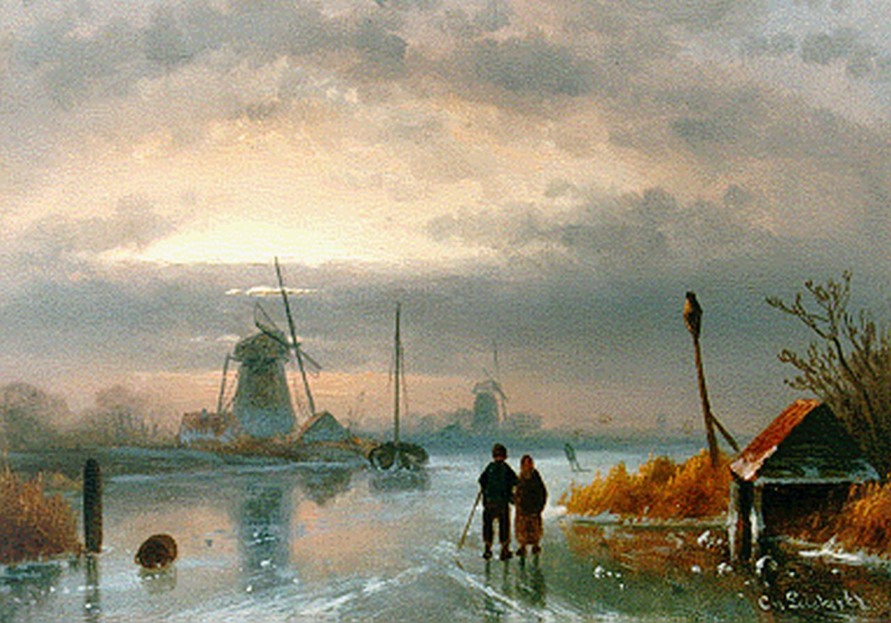 Leickert C.H.J.  | 'Charles' Henri Joseph Leickert, A winter landscape by dusk, Öl auf Holz 14,2 x 20,0 cm, signed l.r.