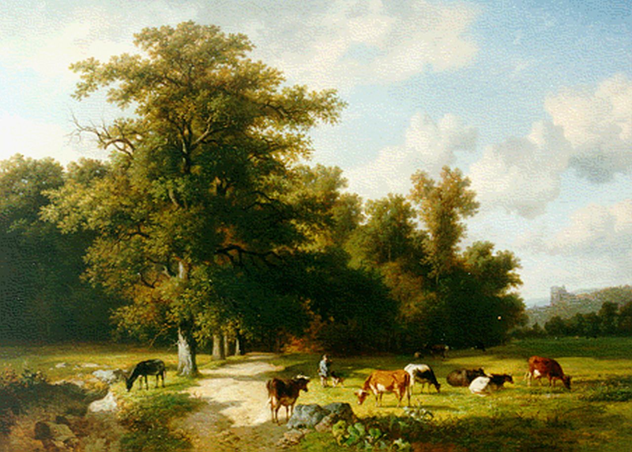Robbe L.M.D.R.  | Louis Marie Dominique Romain Robbe, Cattle in a landscape, Öl auf Holz 74,0 x 101,8 cm, signed l.r.
