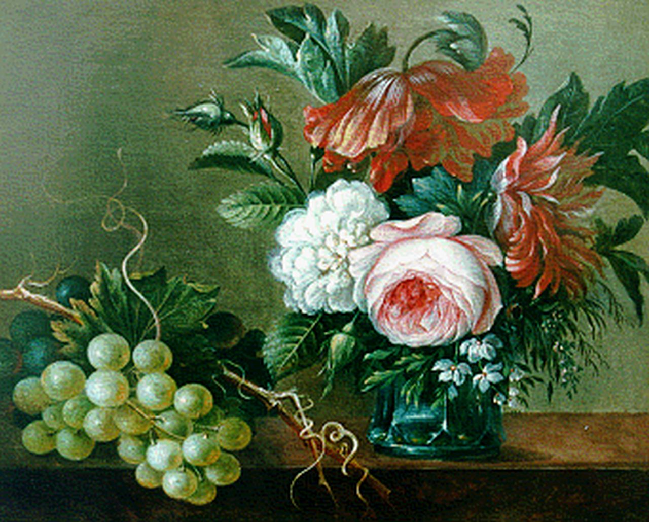 Adrianus Apol | Still life with flowers and grapes, Öl auf Holz, 22,9 x 28,3 cm, signed l.r. und datiert 1845