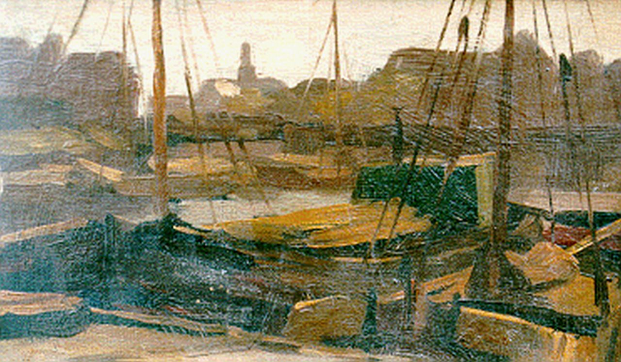 Bobeldijk F.  | Felicien Bobeldijk, Moored boats in a harbour, 13,3 x 21,8 cm, signed l.l.