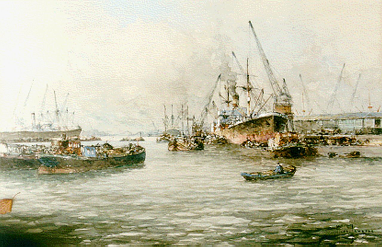 Drulman M.J.  | Marinus Johannes Drulman, The Rotterdam harbour, Gemischte Technik auf Papier 40,0 x 65,0 cm, signed l.r.
