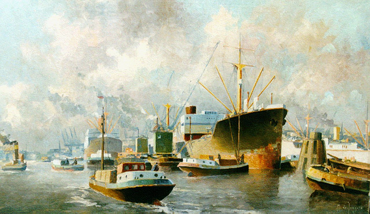 Drulman M.J.  | Marinus Johannes Drulman, Shipping in the harbour of Rotterdam, Öl auf Leinwand 60,5 x 107,0 cm, signed l.r.