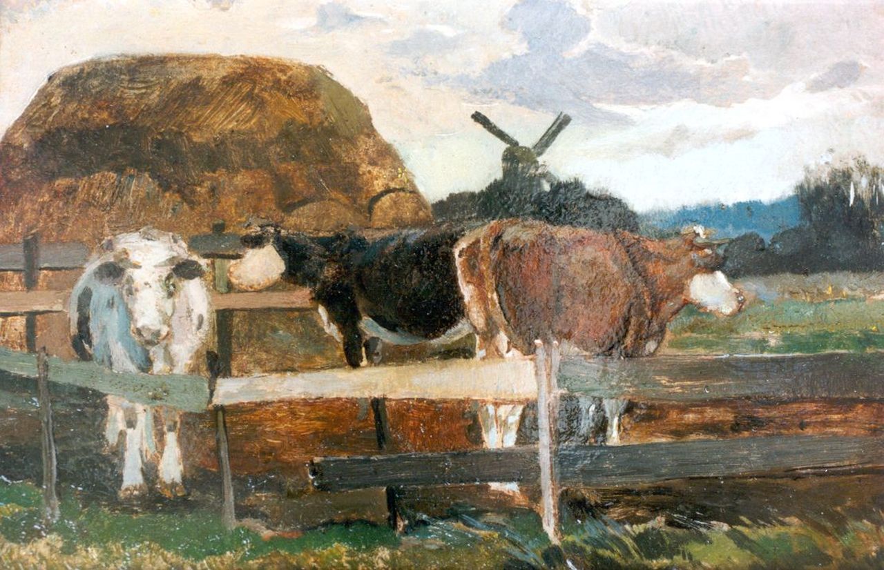 Kruyder H.J.  | 'Herman' Justus Kruyder, Milking yard, Öl auf Leinwand 17,7 x 27,5 cm, dated 1911